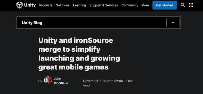 引擎开发商Unity于IronSource合并现已完成